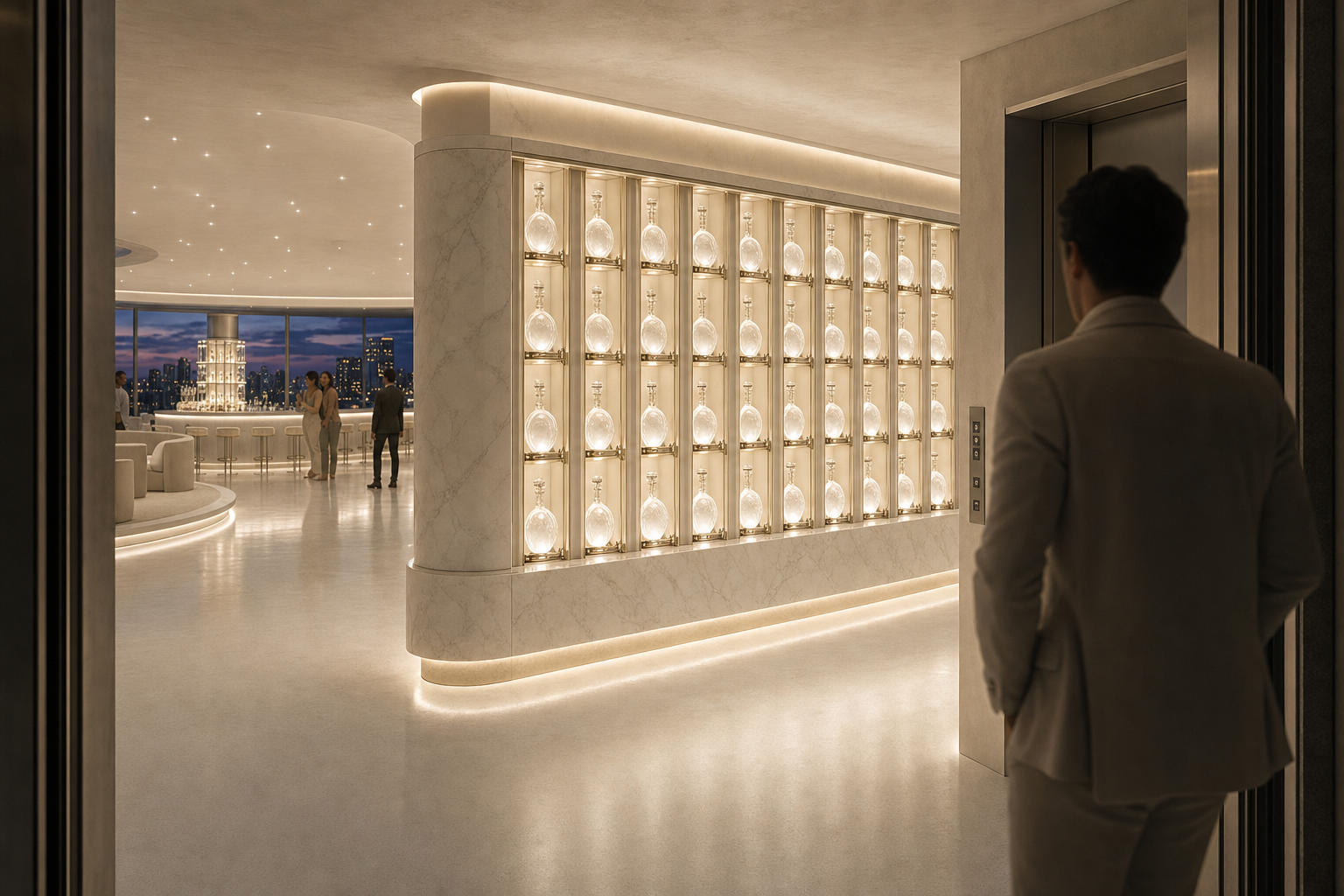 Wine Wall arrival &mdash; freestanding sculptural vitrine of crystal decanters at the entry threshold of the round room.