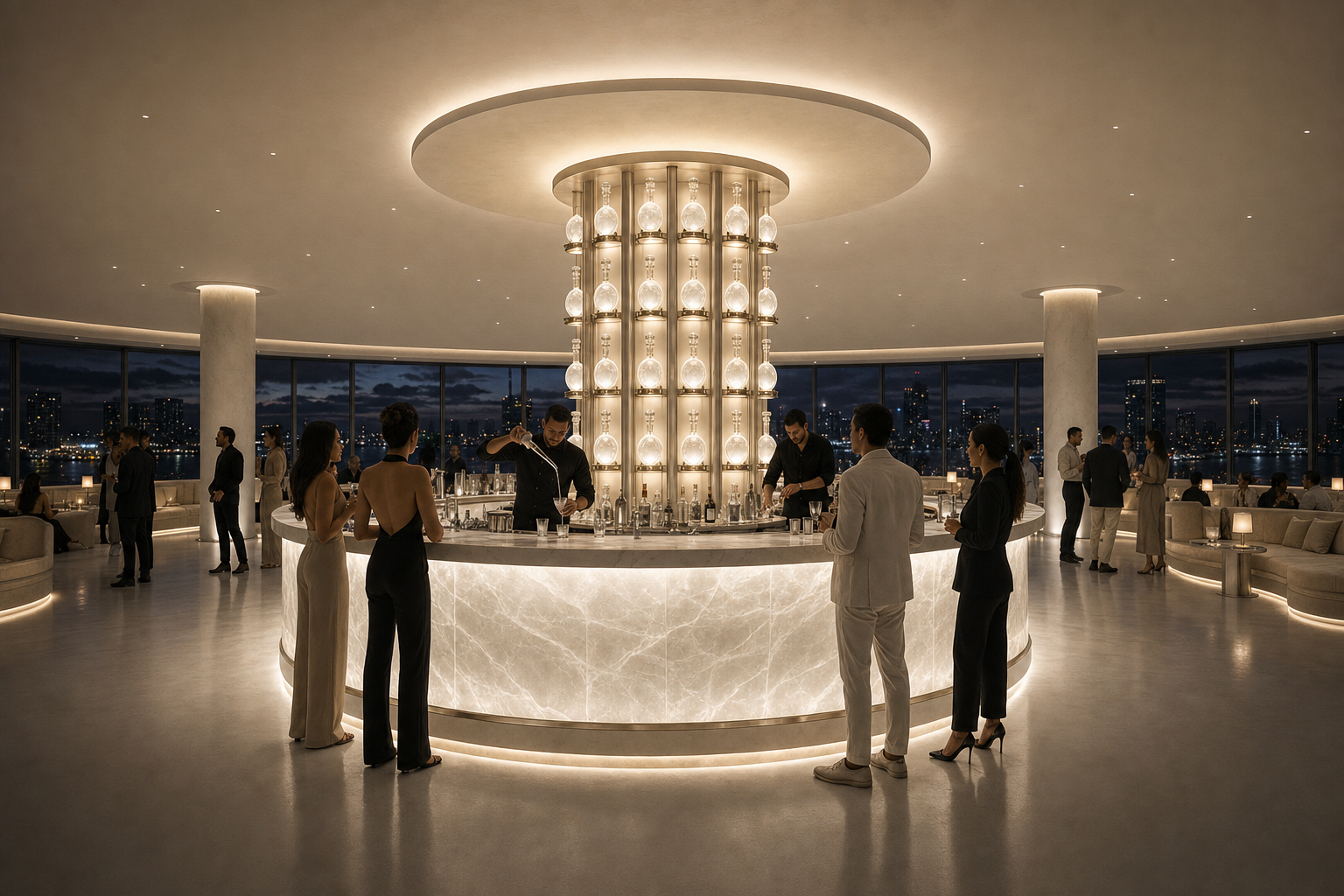 Icon Bar at the geometric center of the round room, with the layered-white architectural shell circling it.