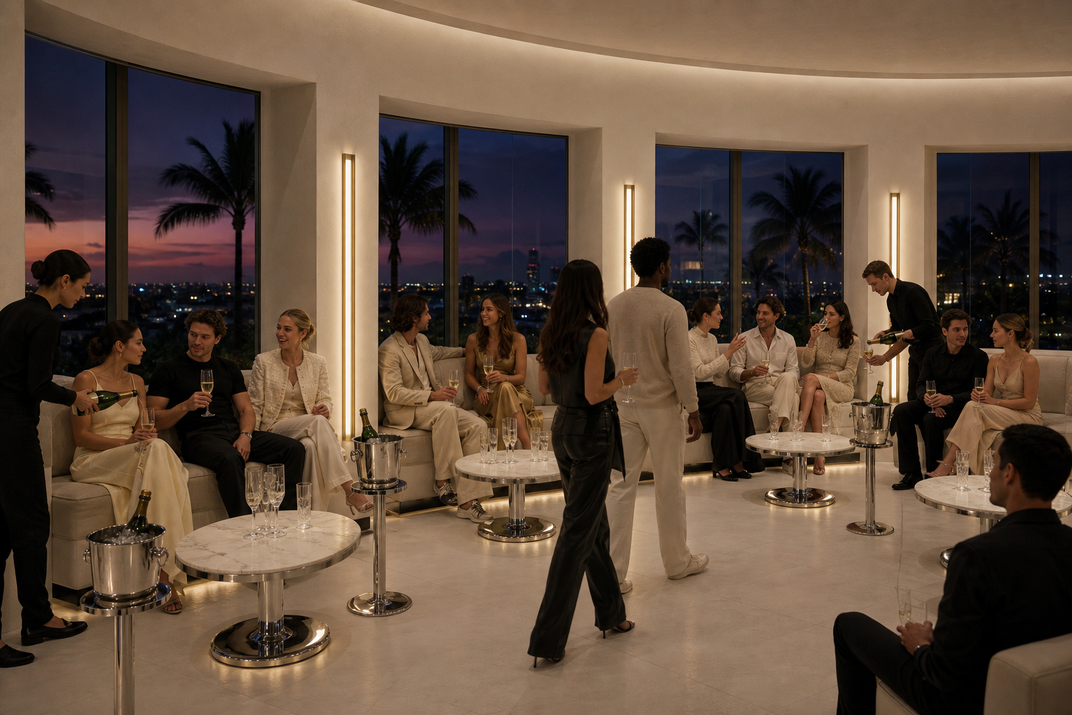 VIP annex with window-seat banquettes facing the coast.