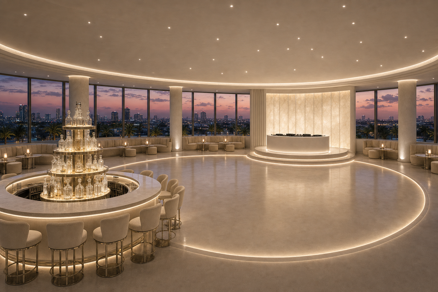 The dance floor + DJ booth before the program &mdash; architectural reveal at dusk.