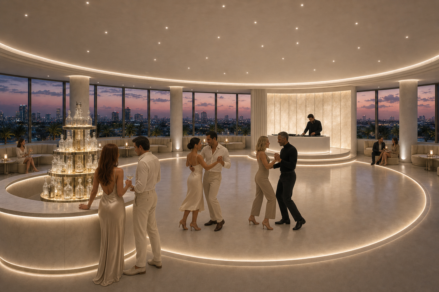 The dance program activated &mdash; calm-luxury dance posture, intimate density, DJ at the alabaster-backed booth.