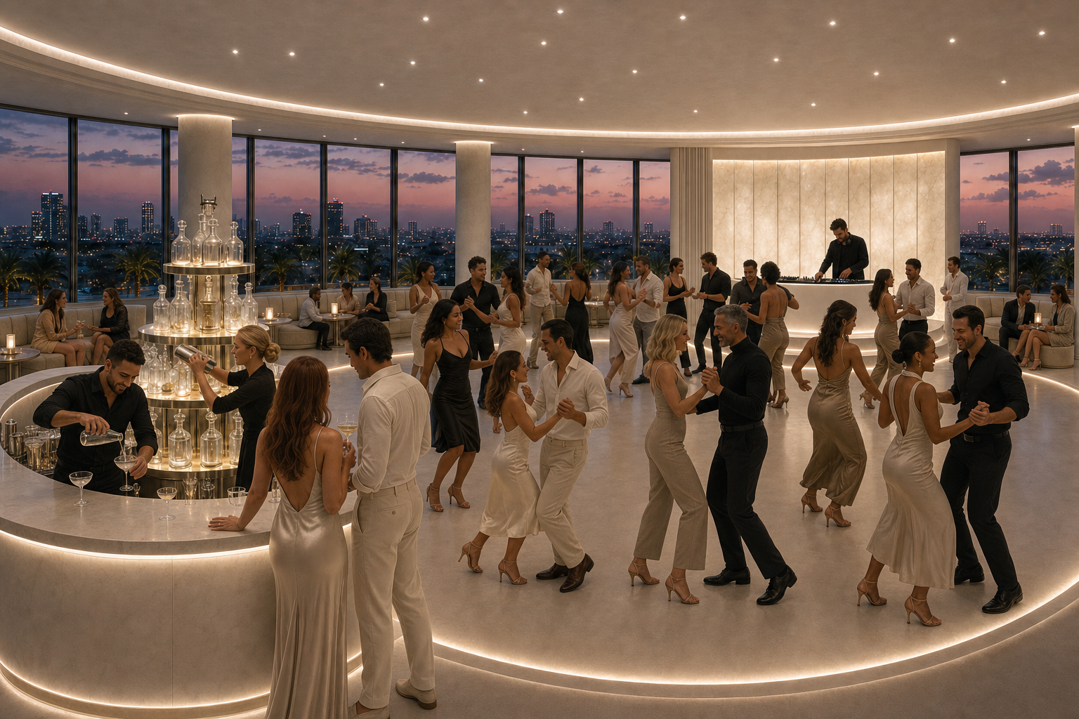 The room at peak &mdash; full annular activation, working bartenders, dance floor at its capacity.