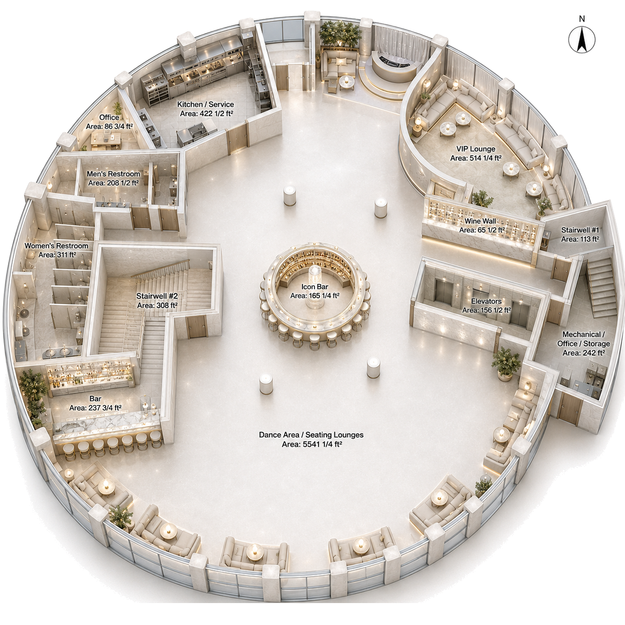 3D floor plan with labeled rooms and N compass. Net floor area 8,377 sq ft.